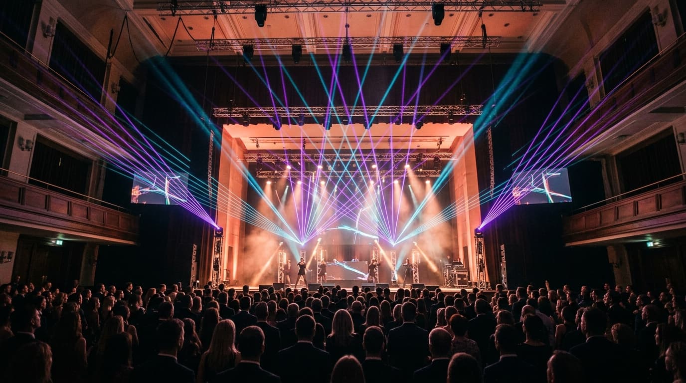 Colourful laser show at an event in Riga