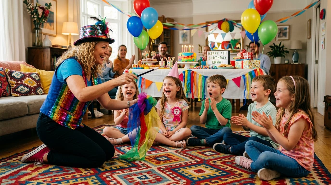 Children’s entertainer hosting a kids party with games and balloons