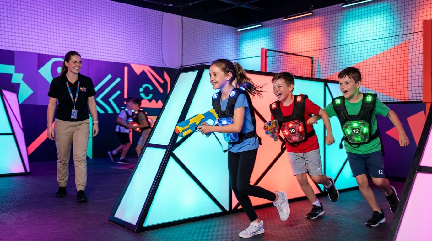 Children safely playing laser tag at a birthday party